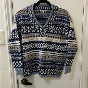 Madewell Blue and Cream Patterned V-Neck Sweater